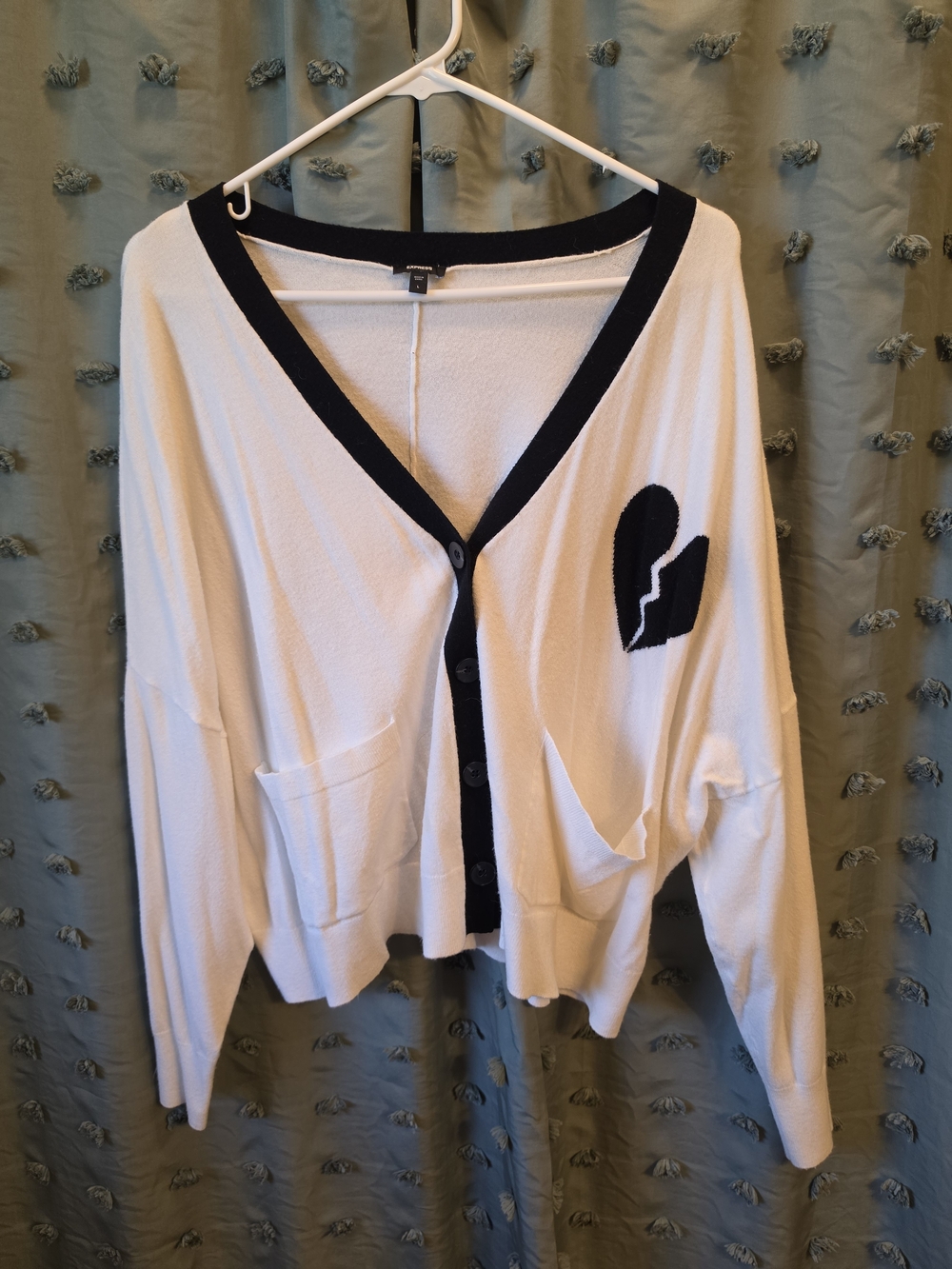 Express White Cardigan with Black Trim and Broken Heart Patch
